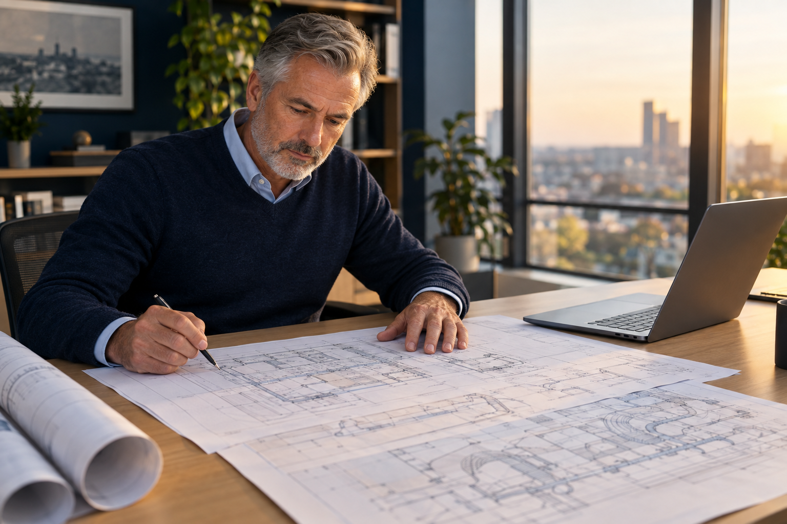 Senior engineer reviewing architectural and mechanical blueprint drawings at a desk