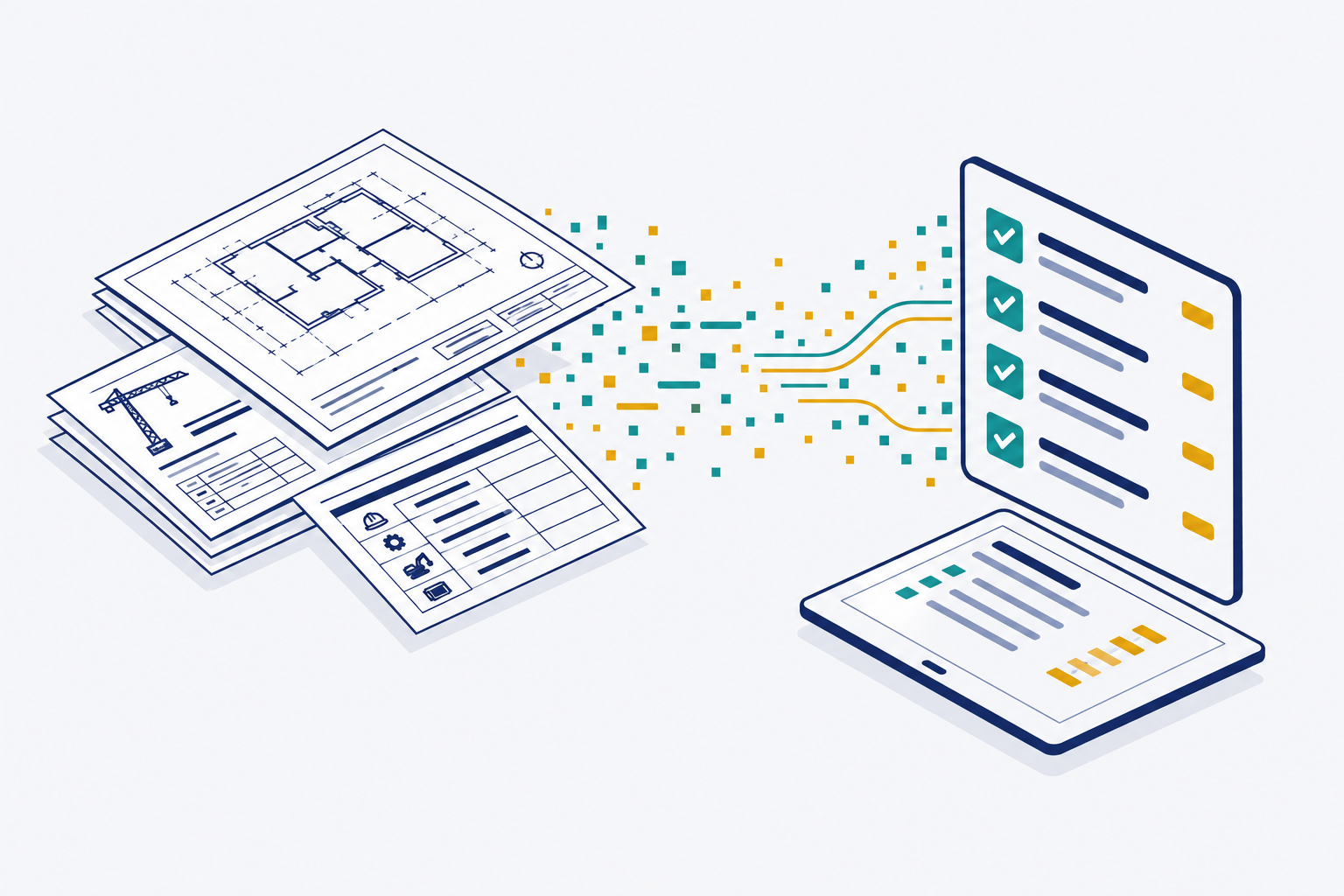 Illustration of blueprints and project documents transforming into a digital commissioning checklist on a tablet